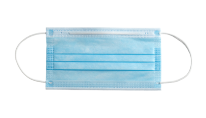 A single, light-blue medical face covering with ear loops, against a black backdrop