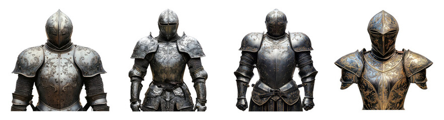Realistic Medieval Armor Display of Different Knight Designs, Isolated on Transparent Background