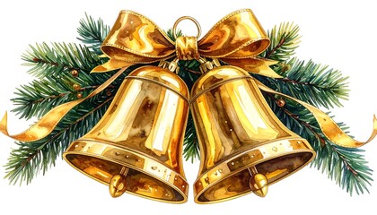 Watercolor illustration depicting golden bells and pine branches with gold ribbon. A festive, seasonal design