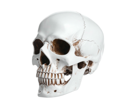 A realistic, white skull, angled, with visible teeth and eye sockets, isolated - Powered by Adobe