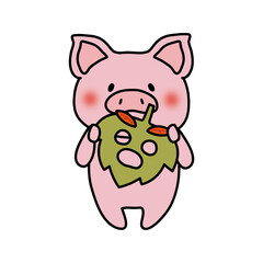 落ち葉のお面を持つぶた