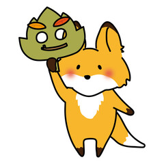 落ち葉のお面を持つキツネ