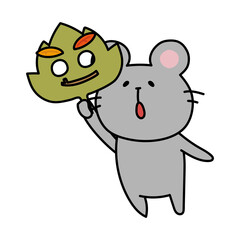 落ち葉のお面を持つネズミ