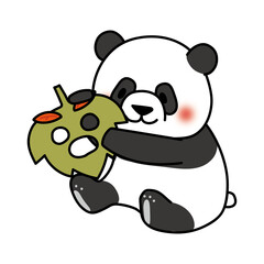 落ち葉のお面を持つパンダ