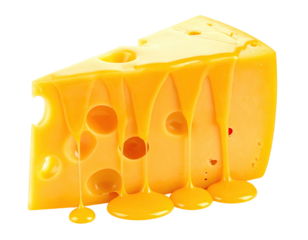 A triangular slice of cheese with holes and melted cheese dripping down