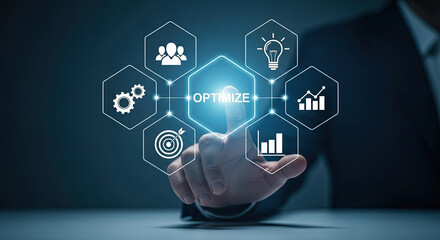 Optimize Business Strategy: Man Touching Digital Interface with Growth, Team, and Idea Icons. Modern Technology and Data Analytics Concept Visual