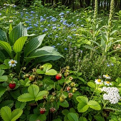 Lush garden scene with strawberries, hostas, and forget-me-nots in bloom.