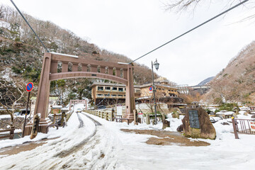 冬化粧した湯原温泉街