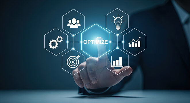 Optimize Business Strategy: Man Touching Digital Interface with Growth, Team, and Idea Icons. Modern Technology and Data Analytics Concept Visual