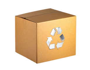 Square cardboard box with a recycle symbol in metallic silver on its front