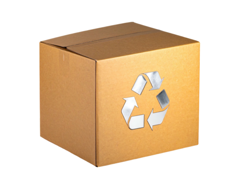 Square cardboard box with a recycle symbol in metallic silver on its front