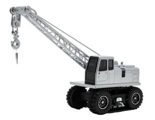 A light gray mobile crane with an articulated boom, raised hook, and rugged wheels