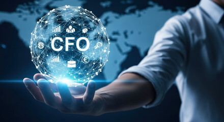 CFO Financial Technology Concept: Hand Holding Digital Sphere with Business Icons. Chief Financial Officer, Modern Finance, and Investment Strategy.