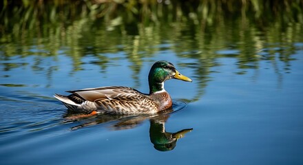 Mallard Duck Swimming Peacefully in Blue Water with Green Reflections.
