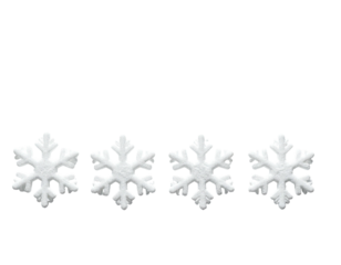 Four white symmetrical winter crystals arranged horizontally on a black background
