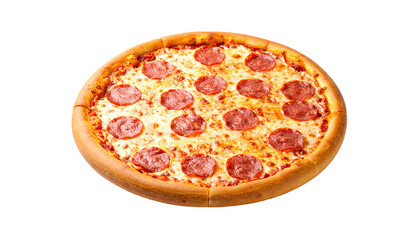 Delicious pepperoni pizza with melted cheese on white background.