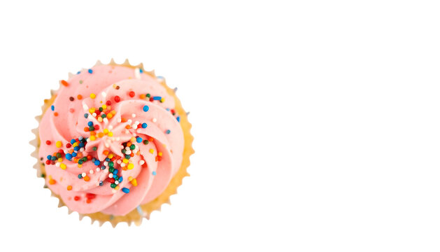 Delicious pink frosted cupcake with colorful sprinkles on a white background.