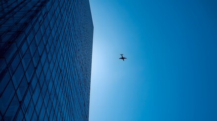 Modern glass skyscraper against clear blue sky with airplane flying above, symbolizing business success, corporate travel, innovation, and the connection between architecture, technology, and global p