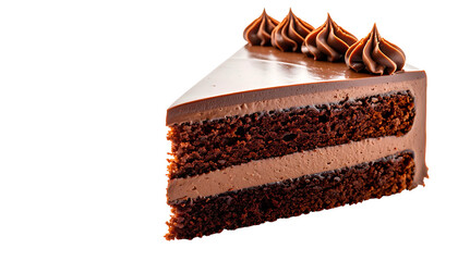 Delicious Slice of Chocolate Cake with Rich Frosting on White Background.