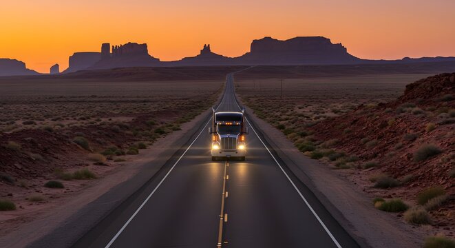 Truck on desert highway sunrise