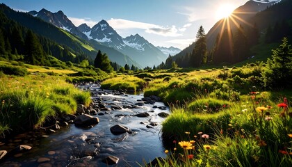 Scenic vista of a verdant meadow, river, and sunlit mountains