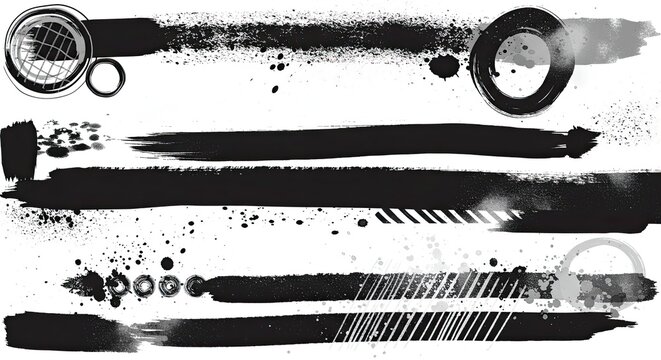 Bold abstract black brush strokes and splatters create dynamic modern design elements, perfect for adding an artistic edge to your creative projects and branding materials