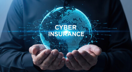 Cyber Insurance Global Protection Concept: A man holds a digital globe with network connections, symbolizing data security and insurance coverage.