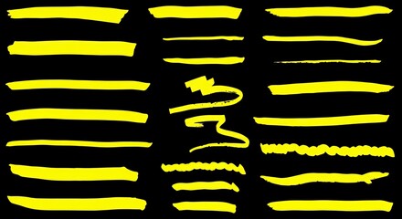 Vibrant yellow marker strokes and paint streaks for creative design projects and graphic overlays, perfect for adding hand-drawn flair and emphasizing key elements