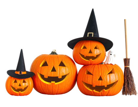 Halloween composition featuring carved pumpkins, a ghost, and a witch's hat and broom
