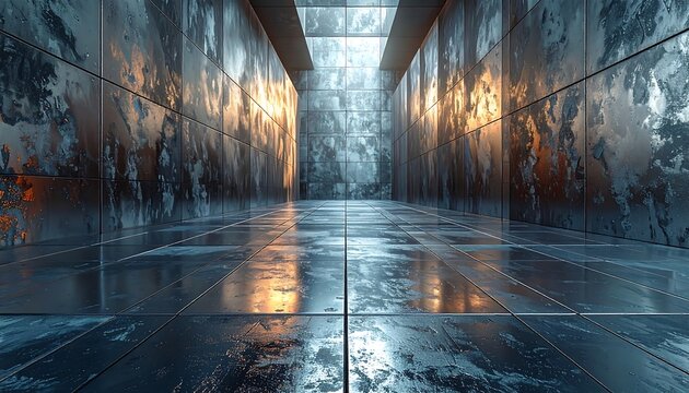 Futuristic metallic corridor with an open ceiling - Powered by Adobe