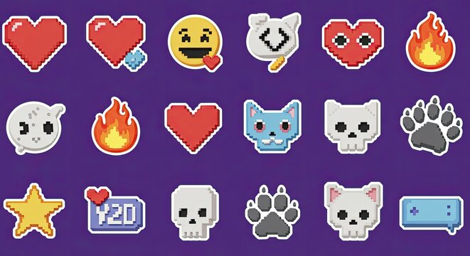 Express your digital world with vibrant pixel art stickers featuring hearts, emojis, and fire icons for creative projects and social media designs on a trendy violet backdrop