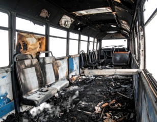 Interior of a vehicle after a fire, showing charred seats, debris, and blackened structure