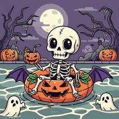 Halloween Skeleton Pool Party with Pumpkins and Ghosts.