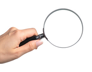 A hand holding a magnifying glass on a black background, ready to observe