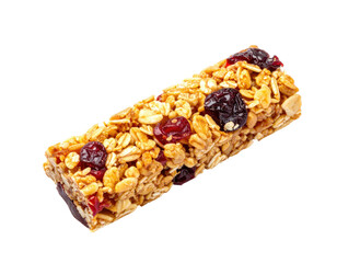 Close-up of a rectangular granola bar with dried fruit and oats on a black background