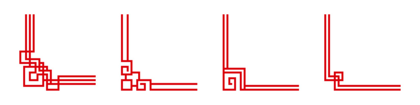 Traditional chinese oriental decorative border elements and frame corner or Asian festive ornament corners and borders vector illustration set for card, invitation, poster, cover and certificate. 