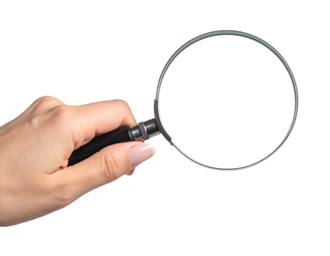 A hand holding a magnifying glass on a black background, ready to observe