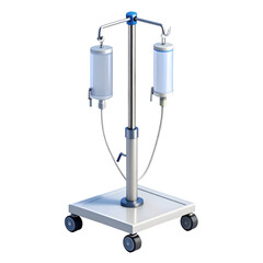 Medical IV Drip Stand with Dual Intravenous Fluid Bags. Healthcare Treatment Equipment 3D Render Isolated on Black. Hospital & Recovery Concept.