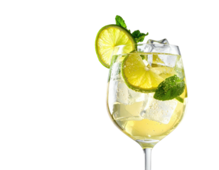 A refreshing cocktail with lime slices, mint, and ice, in a large glass