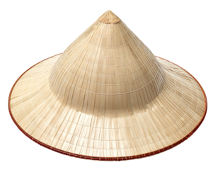 A conical hat, likely from Southeast Asia, made of woven straw, isolated on white