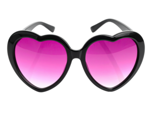 Bold black-framed sunglasses shaped like hearts with a vibrant pink gradient
