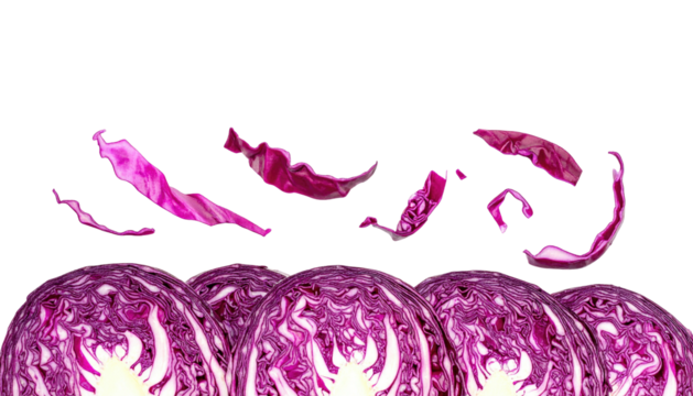 Sectioned purple cabbage heads with flying, sliced leaves against a black background - Powered by Adobe
