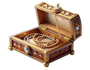 Luxurious Ornate Golden Jewelry Box Filled with Pearls and Gold Beads on Black Background - Treasure and Wealth Concept