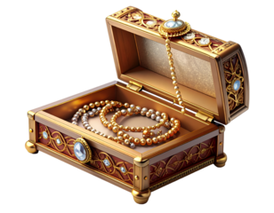 Luxurious Ornate Golden Jewelry Box Filled with Pearls and Gold Beads on Black Background - Treasure and Wealth Concept