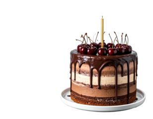 A multi-layered cake with chocolate drips, cherries, and a single lit gold candle