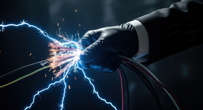 Electrical Hazard Concept: Hand in Glove Holding Stripped Wires with Sparks and Lightning. Dangerous Job, Risk, Power Surge, Safety, Electricity