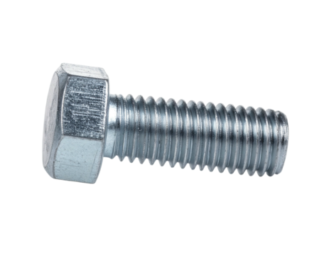 Close-up of a shiny, silver metal bolt with hexagonal head and threaded shaft