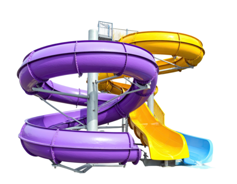 Colorful water slide with twisting purple and yellow tubes, blue exit