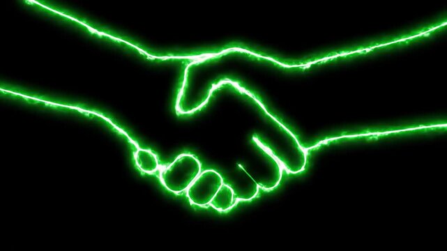 Glowing Neon Handshake on Black - A stylized video of two hands shaking, depicted with a glowing neon green outline against a stark black background.