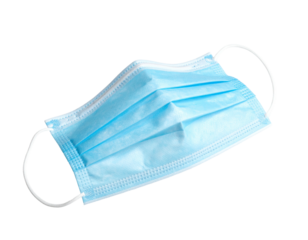 Light blue surgical mask with white ear loops isolated on a black background